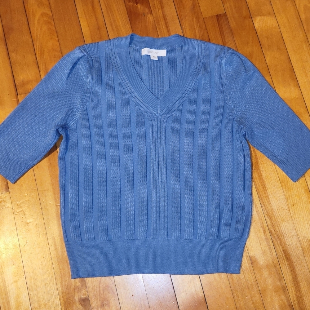 Womens Periwinkle Blue Ribbed Puff Sleeve V Neck Pullover Knit Top